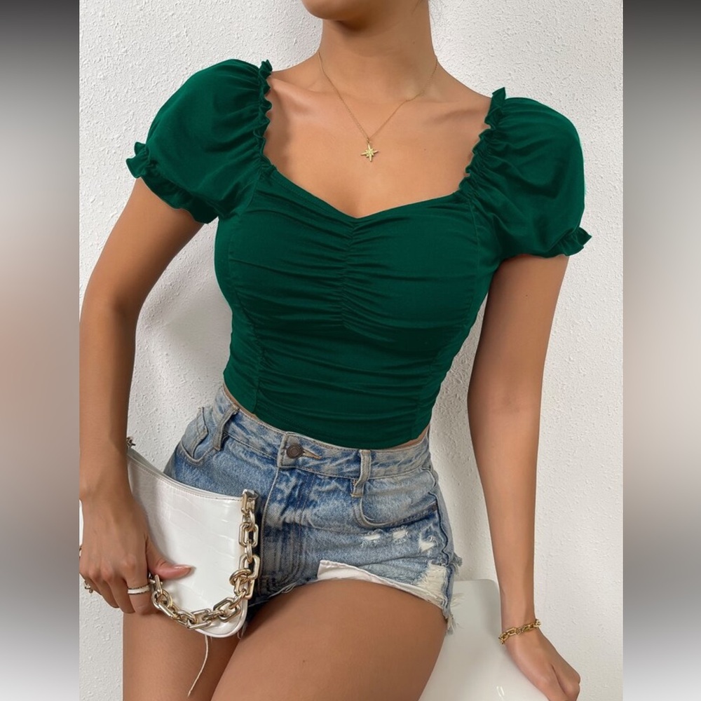 SHEIN Green Puff Sleeve Ruched Crop Top